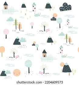 winter autumn sky and cloud with rain and trees . spring summer tree sun and moon. leaves fallen smiling sun smiling cloud. raining