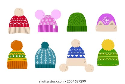 Winter, autumn and spring hats. Set of different warm head accessories, wool caps.  Flat vector illustrations