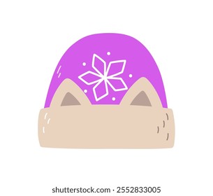 Winter, autumn and spring pink hat with ears. Vector illustration in a flat style