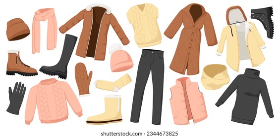 Winter and autumn warm collection of fashion casual clothes, jacket, scarf, coat, hat, footwear, pants, trousers, vest, gloves, socks. Isolated on white background. Vector illustration.