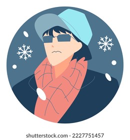 winter avatar character portrait. handsome man wearing glasses, hat and scarf. colorful cartoon vector illustration. modern fashion warm clothing. snowfall. snow icon.