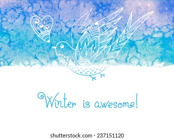 Winter is awesome. Watercolor background with birds. Vector illustration.