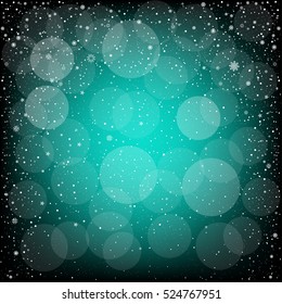 Winter azure bokeh background with snow. Christmas and New Year backdrop