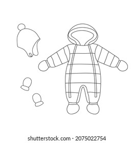 Winter baby overalls, winter hat and mittens. Line art snow suit with hood and accessories. Baby clothing. Isolated vector illustration 