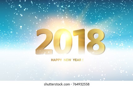 Winter background. 2018 New year sign. Holiday label with fallen snow over blue backdrop. Calendar design template. Vector illustration.