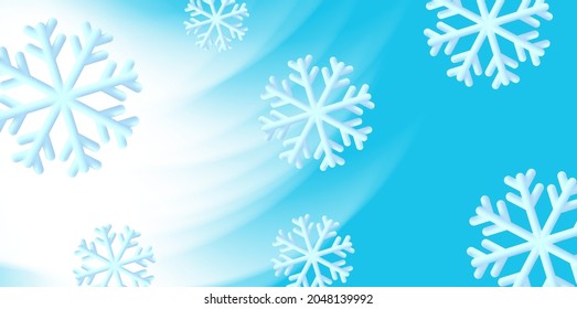 Winter background with 3d snowflakes and frost wind curve on blue backdrop