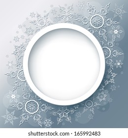 Winter background abstract with 3d snowflakes, winter round frame. Christmas and New Year celebratory card with place for text. Vector illustration