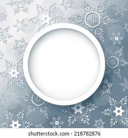 Winter background abstract grey with 3d snowflakes, trendy round frame. Christmas and New Year celebratory card with place for text. Vector illustration