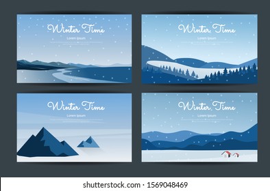 Winter background, Abstract landscape set, Vector banners set with polygonal landscape illustration, Minimalist style