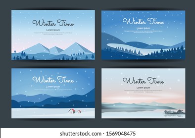 Winter background, Abstract landscape set, Vector banners set with polygonal landscape illustration, Minimalist style