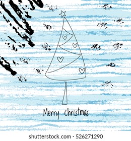 winter background with abstract xmas tree and grunge elements. Seasonal vector illustration in cold blue colors with merry christmas quote.