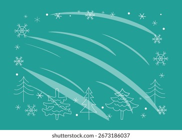 Fundo de inverno, faixa, cartão postal. Conjunto de abetos desenhados à mão e flocos de neve. Local de inscrição, texto. Decoração de Natal de Ano Novo, ilustração de doodle, cor isolada.