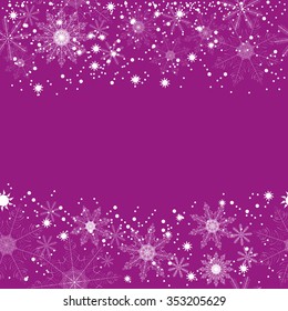 Winter background of beautiful, delicate snowflakes on a purple background. In the center background there is a place for text, greetings, and inscriptions.