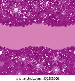 Winter background of beautiful, delicate snowflakes on a purple background. In the center of the purple background there is a place for text, greetings, and inscriptions.