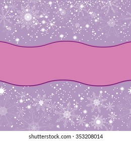 Winter background of beautiful, delicate snowflakes on a lavender background. In the center background there is a place for text, greetings, and inscriptions.