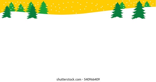Winter background. Beautiful simple panorama with Christmas trees, snowbank and snow. Flat style. Green and yellow color Winter or Christmas web banner Vector illustration with copy space Horizontal