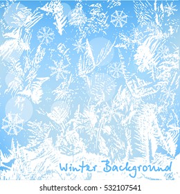 Winter background with beautiful various snowflakes. Winter bokeh background with snowflakes. Winter rime background. Stock vector. Flat design. 