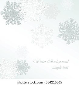 Winter background with beautiful various snowflakes. Bokeh Vector illustration of Christmas Background