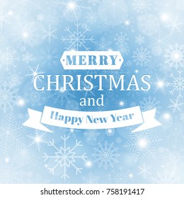 Winter background with beautiful various snowflakes. Blue winter abstract background. Christmas and Happy New Year Lights Concept.
