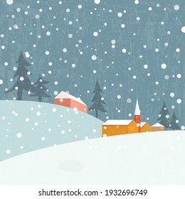 Winter background. Beautiful view of the snowy village at night. Vector illustration