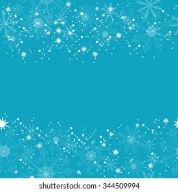Winter background of beautiful white snowflakes on a blue background. For postcards, greetings, and inscriptions.