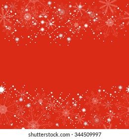 Winter background of beautiful white snowflakes on a red background. For postcards, greetings, and inscriptions.
