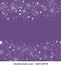 Winter background of beautiful white snowflakes on a lilac background. For postcards, greetings, and inscriptions.