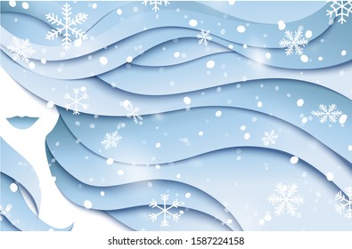 
Winter background with beautiful woman, long blue wavy hair and snowflakes. Winter cosmetic design template. Vector illustration