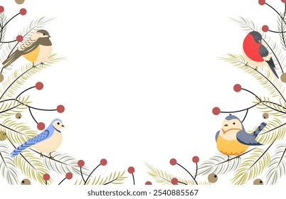 Winter background with birds with branches of fir, pine and berries. Holiday design, post template, social media. Poster, banner with place for text. Vector illustration