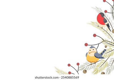 Winter background with birds with branches of fir, pine and berries. Holiday design, post template, social media. Poster, banner with place for text. Vector illustration