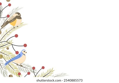 Winter background with birds with branches of fir, pine and berries. Holiday design, post template, social media. Poster, banner with place for text. Vector illustration