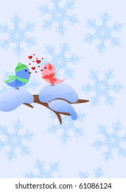 Winter Background with Birds in love on snow-covered branch