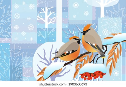 Winter background with birds in trees with snowflakes falling in patchwork style.