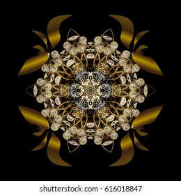 Winter background with black snowflakes. Vector background with doodles and golden elements.