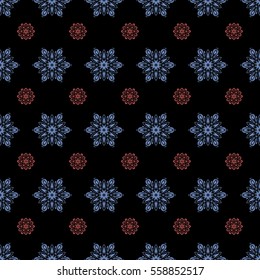 Winter background. Blow snow texture pattern on black background. Windstorm. Winter mood background. Winter weather. Seamless pattern with snowflakes. Abstract snowstorm with blue and pink snowflakes.