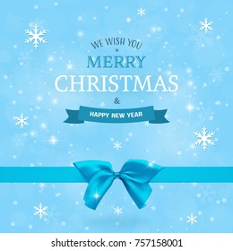Winter background with blue bow and ribbon. Christmas and New Year Typographical vintage badge on the blurred bokeh background with snowflakes. Merry Christmas card. Vector Illustration. 