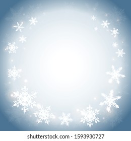 Winter background in blue color with hand drawn snowflakes in classic style and place for message	
