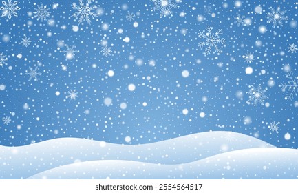 Winter Background Blue sky Heavy Snowfall and Snowflakes for Christmas, New Year Holidays, Seasonal Events,  Decorations, Festive Designs, and Frosty Landscapes. Winter snow sky background.