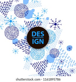 Winter background with blue snowflakes and geometric figures. Vector illustration