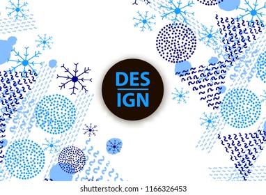 Winter background with blue snowflakes and geometric figures. Vector illustration