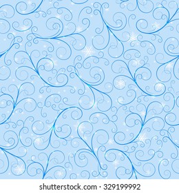 winter background, blue swirl lines and white snowflakes on light blue background, seamless pattern, vector illustration