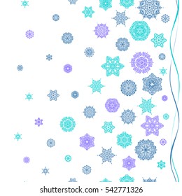 Winter background with blue, violet and beige snowflakes. Vector seamless background.