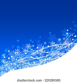 Winter background in blue with white and light blue snowflakes. The background fits perfectly for design with winter, Christmas or New Year themes.