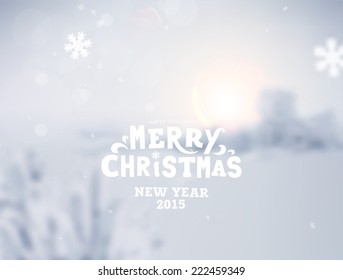 Winter Background. Blurred Landscape with Snow Drifts, Snowfall and Christmas Trees in the distance. Holiday Vector Illustration with Snowflakes, Sky and Xmas Label.