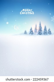 Winter Background. Blurred Landscape with Snow Drifts, Snowfall and Christmas Trees in the distance. Holiday Vector Illustration with Snowflakes, Sky and Xmas Label.