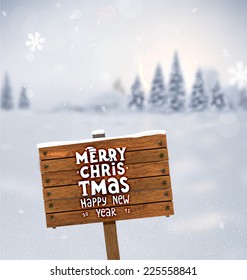 Fondo invernal. Paisaje borroso con nevadas, nevadas y árboles de Navidad a lo lejos. Ilustración vectorial de vacaciones con copos de nieve, Sky y Xmas Label. Plaque de madera con etiqueta de Navidad
