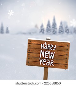 Winter Background. Blurred Landscape with Snow Drifts, Snowfall and Christmas Trees in the distance. Holiday Vector Illustration with Snowflakes, Sky and Xmas Label. Wooden Plaque with Christmas Label