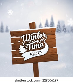 Winter Background. Blurred Landscape with Snow Drifts, Snowfall and Christmas Trees in the distance. Holiday Vector Illustration with Snowflakes, Sky and Xmas Label. Wooden Plaque with Christmas Label