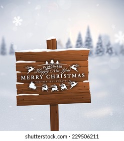 Fondo invernal. Paisaje borroso con nevadas, nevadas y árboles de Navidad a lo lejos. Ilustración vectorial de vacaciones con copos de nieve, Sky y Xmas Label. Plaque de madera con etiqueta de Navidad