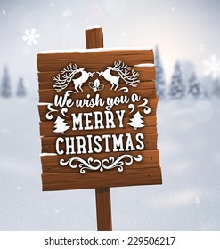 Winter Background. Blurred Landscape with Snow Drifts, Snowfall and Christmas Trees in the distance. Holiday Vector Illustration with Snowflakes, Sky and Xmas Label. Wooden Plaque with Christmas Label